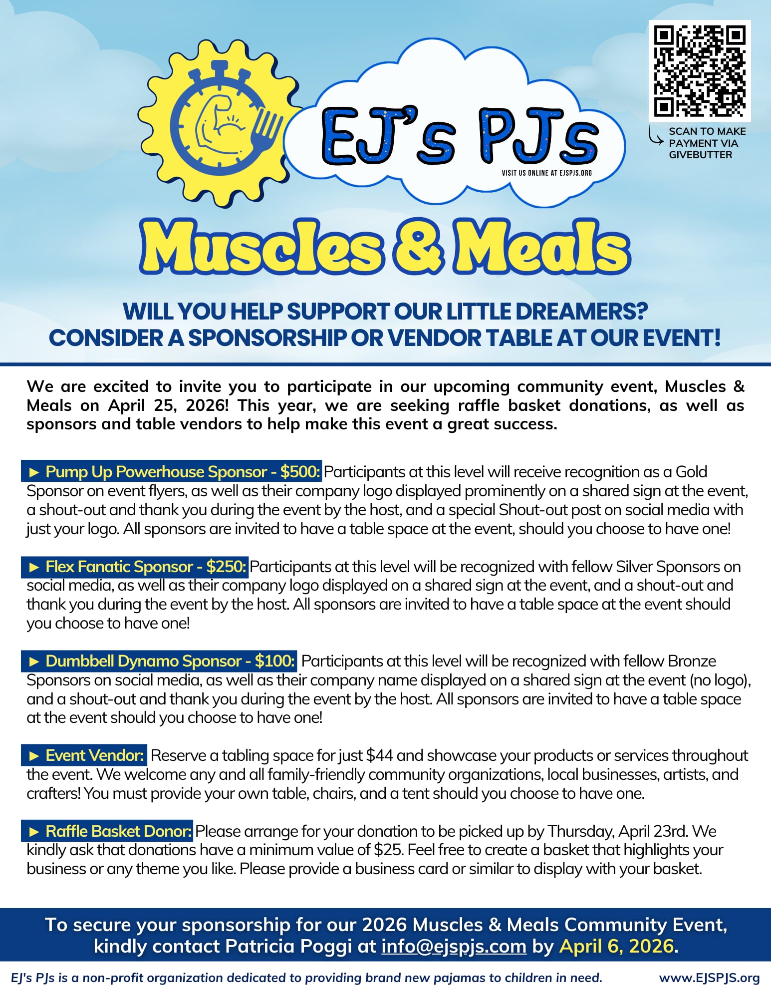 Muscles and Meals - EJ's PJs fundraiser v2